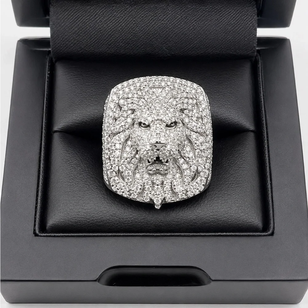 Pave 2.50CT ICED OUT MOISSANITE Lion Head Statement Ring in 925 Sterling Silver